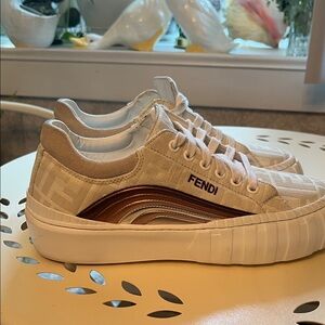Fendi force jaquart Beige and White Sneakers with Brown Accents